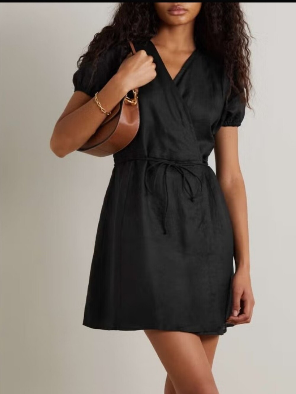 Faithfull the Brand Elliana Linen Mini Wrap Dress Black 4 Small LBD Puff Sleeve